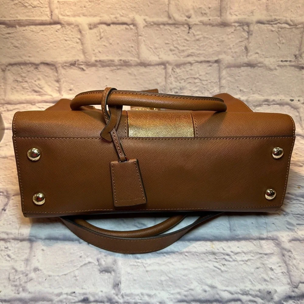 Michael Kors Hamilton Satchel Bag Brown Center Stripe Luggage Saffiano Leather